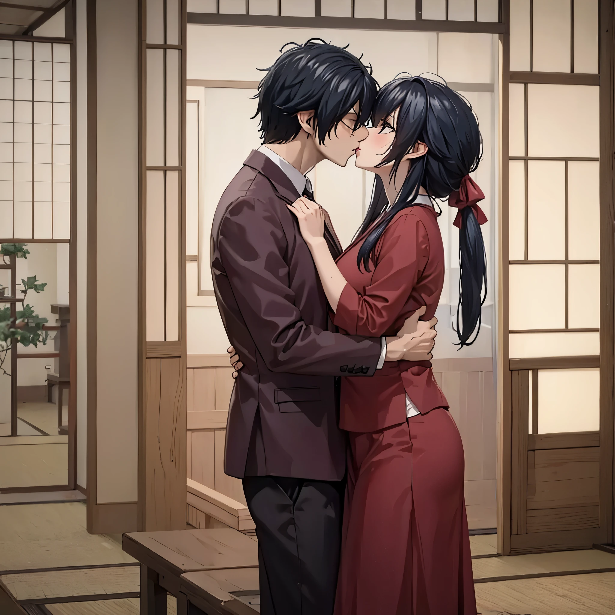 رجل يقبل امرأة على الفم في منزل ياباني
