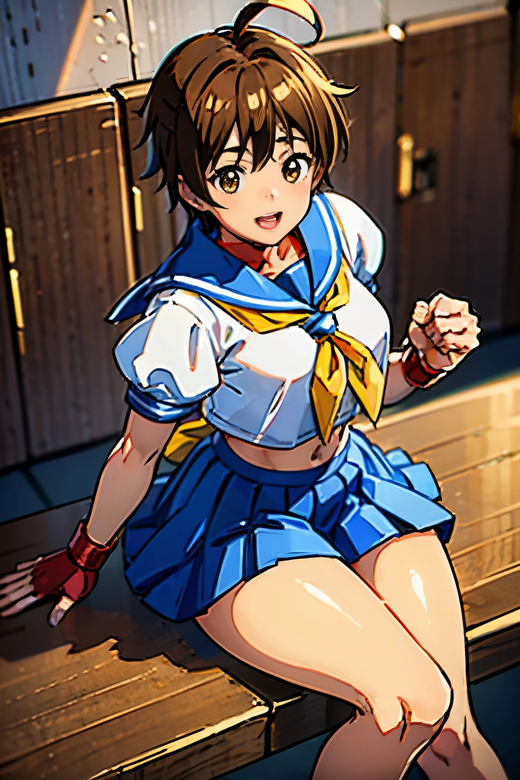 1girl solo,  kasugano sakura, brown eyes, brown hair, short hair, bangs, Ahoge, head band, school uniform, puffy sleeves, crop top, yellow neckerchief, blue skirt, fingerless gloves, thighs thighs thighs, white socks, red footwear,finding stance, punching, finding,(table top, highest qualityの, highest quality, beautiful and aesthetic: 1.2), very detailed, more detailed,Proper body proportions,table top,Super high quality output image,High resolution,intricate details,very delicate and beautiful hair,realistic pictures,dream-like,professional lighting,realistic shadow,focus only,
Anime one、（cheerful smile）、（open your mouth）