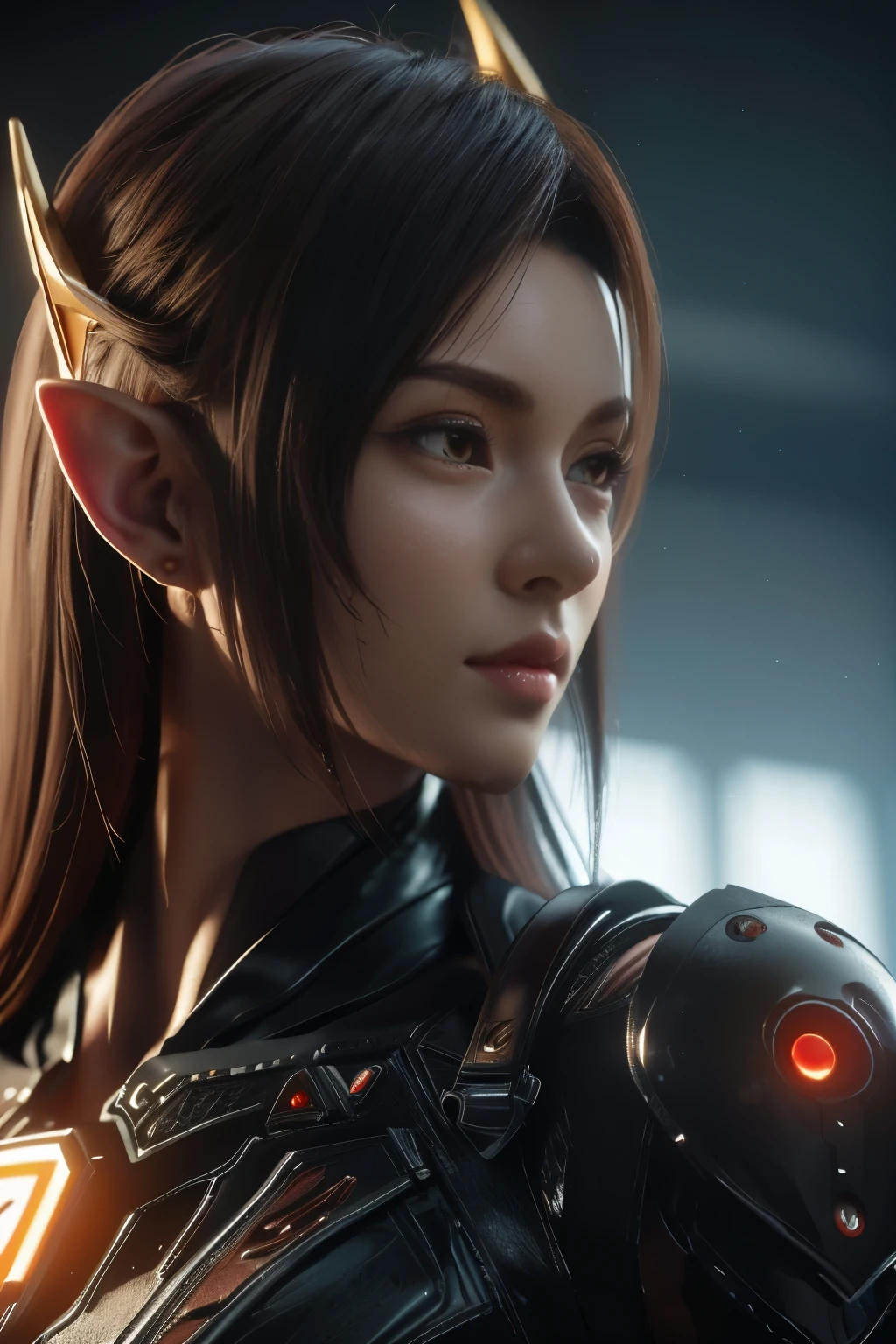 Game art，The best picture quality，Highest resolution，8K，(A bust photograph)，(Portrait)，(Head close-up:1.5)，(Rule of thirds)，Unreal Engine 5 rendering works， (The Girl of the Future)，(Female Warrior)， 22-year-old girl，((Pointy elf ears))，(Female hackers)，(White and red gradient，Ancient Oriental hairstyle)，((The pupils of the red eyes:1.3))，(A beautiful eye full of detail)，(Big breasts)，(Eye shadow)，Elegant and charming，indifferent，((Anger))，(Cyberpunk jacket full of futuristic look，Joint Armor，There are exquisite Chinese patterns on the clothes，A flash of jewellery)，Cyberpunk Elf Girl，Future Style， Photo poses，City background，Movie lights，Ray tracing，Game CG，((3D Unreal Engine))，oc rendering reflection pattern