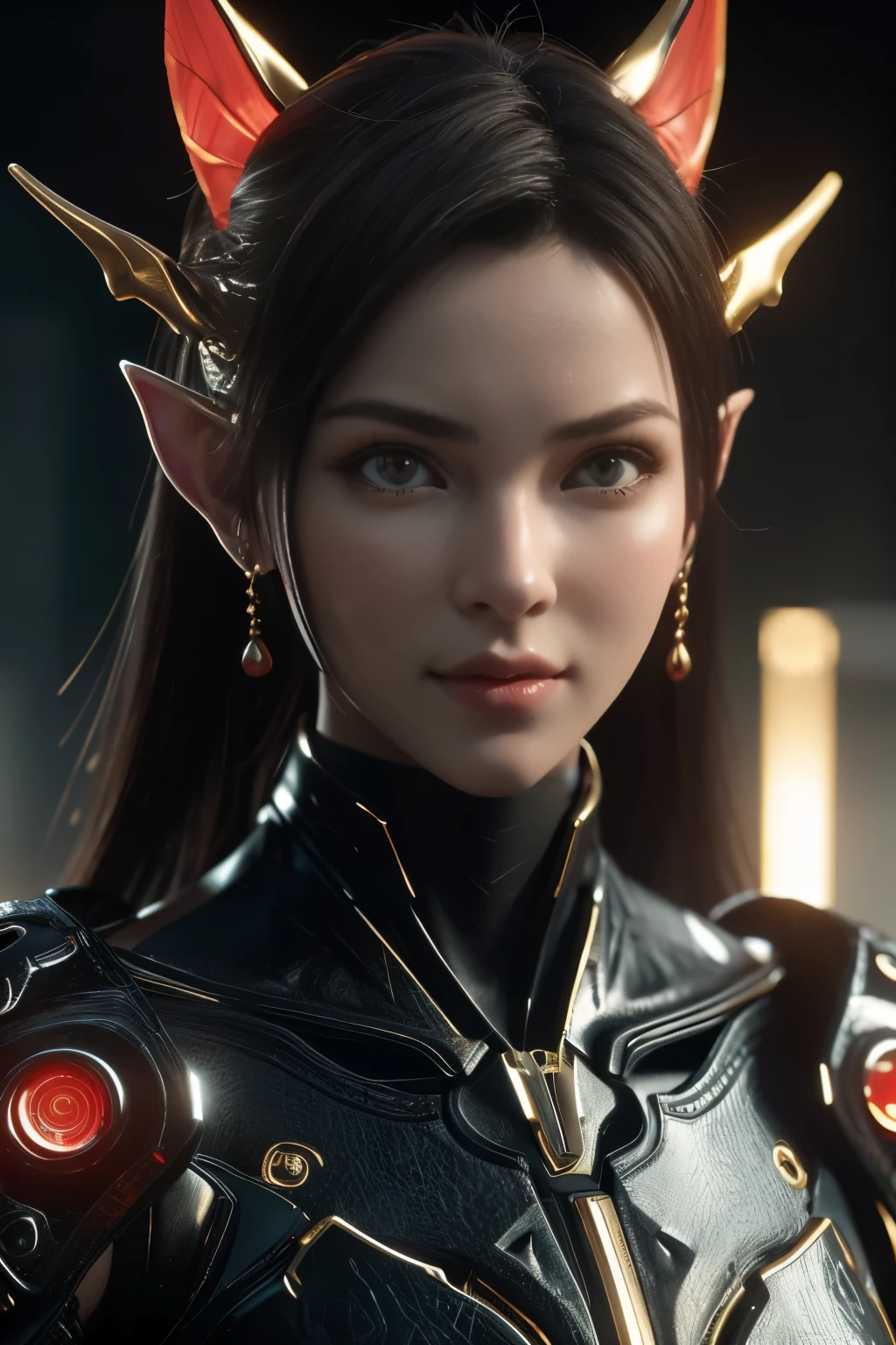 Game art，The best picture quality，Highest resolution，8K，(A bust photograph)，(Portrait)，(Head close-up:1.5)，(Rule of thirds)，Unreal Engine 5 rendering works， (The Girl of the Future)，(Female Warrior)， 22岁少女，((Pointy elf ears))，(Female hackers)，(White and red gradient，Ancient Oriental hairstyle)，((The pupils of the red eyes:1.3))，(A beautiful eye full of detail)，(Big breasts)，(Eye shadow)，优雅迷人，冷漠，((Anger))，(Cyberpunk jacket full of futuristic look，Joint Armor，There are exquisite Chinese patterns on the clothes，A flash of jewellery)，赛博朋克精灵女孩，未来风格， 拍照姿势，城市背景，Movie lights，Ray tracing，Game CG，((3D Unreal Engine))，oc渲染反射纹