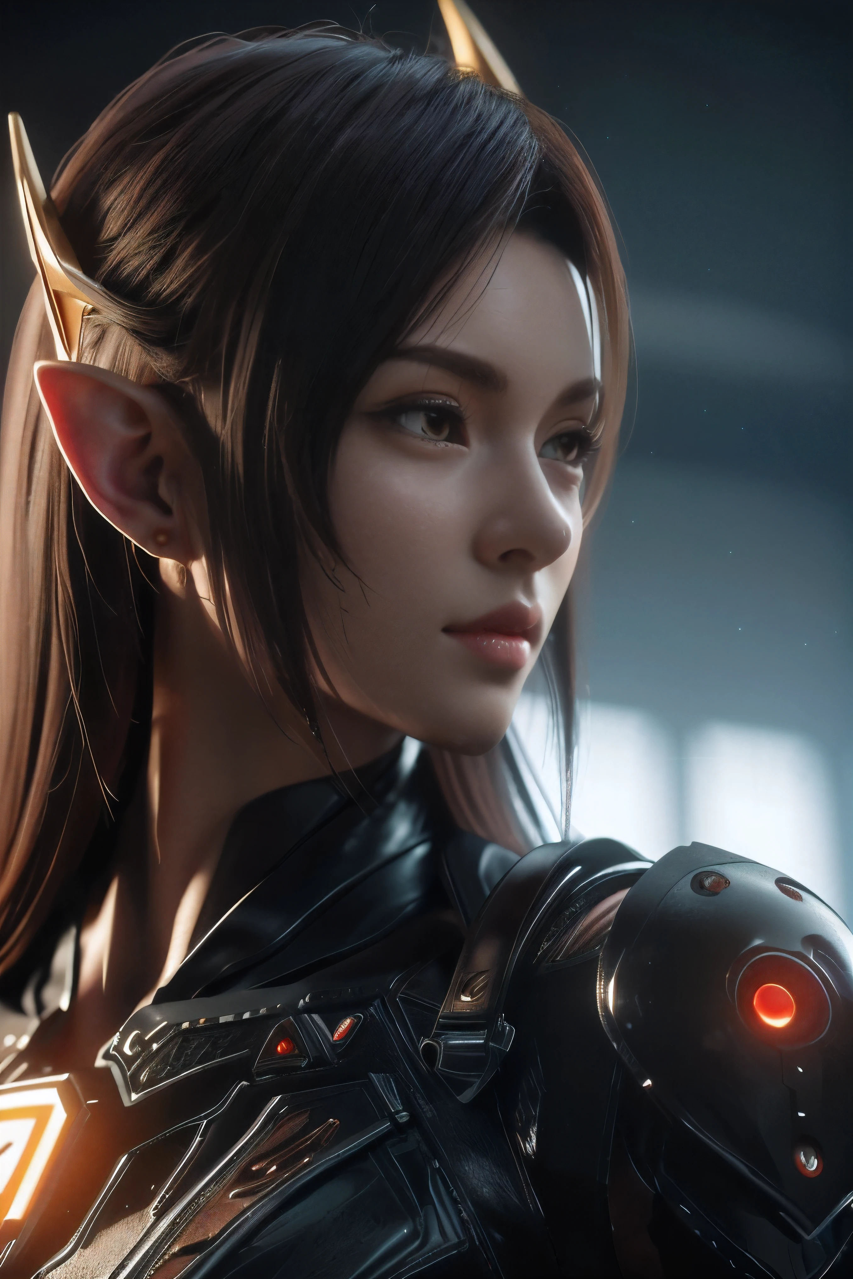 Arte del juego，La mejor calidad de imagen，resolución más alta，8k，(Una foto de medio cuerpo)，(retrato)，(primer plano de la cabeza:1.5)，(Regla de los tercios)，El renderizado de Unreal Engine 5 funciona， (chica futura)，(mujer guerrera)， chica de 22 años，((Orejas élficas puntiagudas))，(hacker femenina)，(Degradados blancos y rojos.，peinado oriental antiguo)，((pupilas rojas:1.3))，(Bellos ojos llenos de detalles.)，(pechos grandes)，(sombra)，elegante y encantador，indiferente，((enojo))，(Chaqueta futurista cyberpunk，Armadura conjunta，Hay exquisitos patrones chinos en la ropa.，joyas brillantes)，Chica elfa cyberpunk，estilo futurista， poses para fotos，Fondo de la ciudad，Luz de película，trazado de rayos，juego cg，((Motor irreal 3D))，Patrón de reflexión de renderizado OC