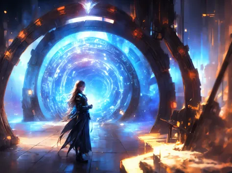 (best quality,4k, highres), forgotten gateway of time and space, a girl standing in front of the ((stargate)), inside the starga...