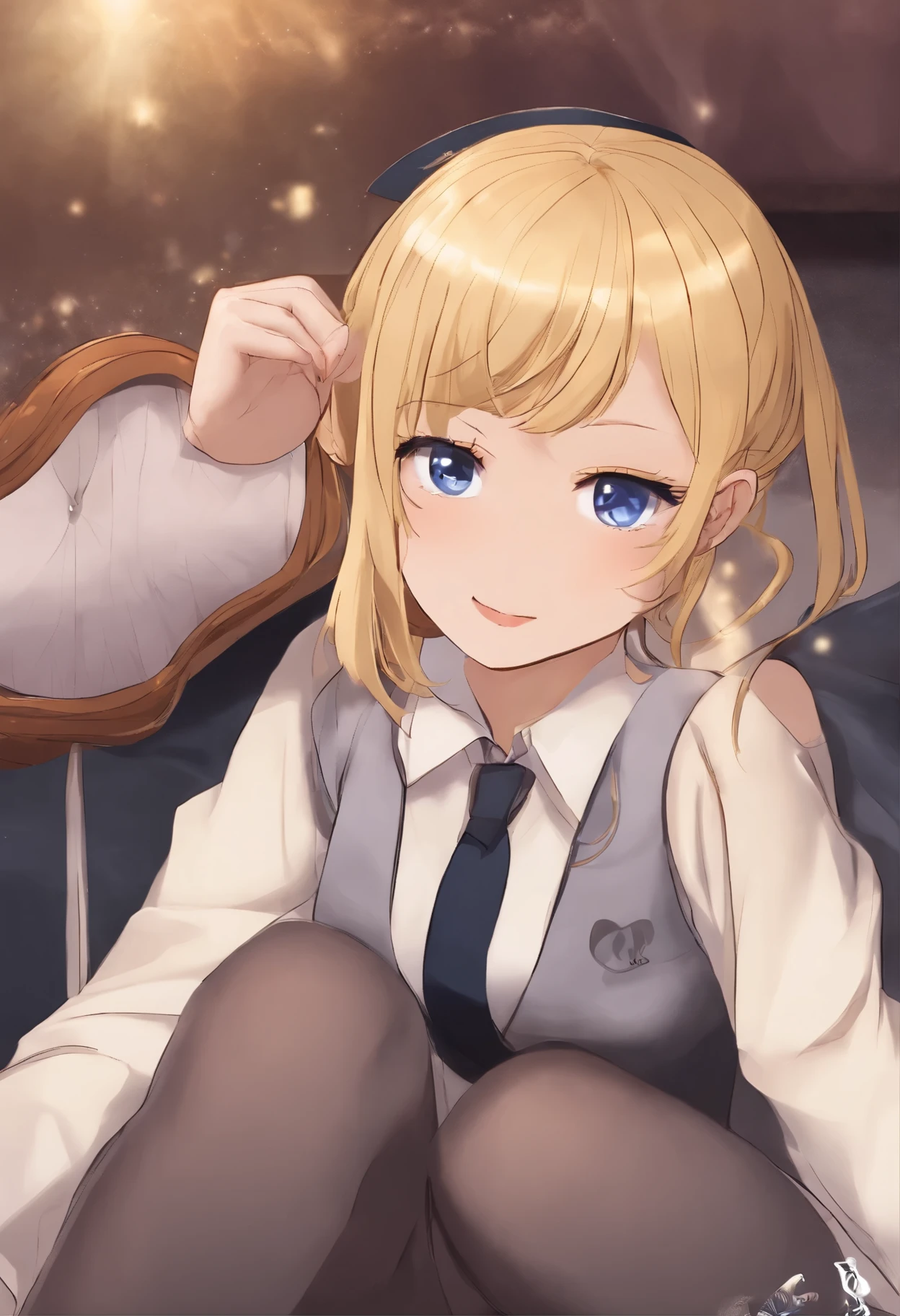 Anime girl with blonde hair and blue eyes sitting on a chair - SeaArt AI