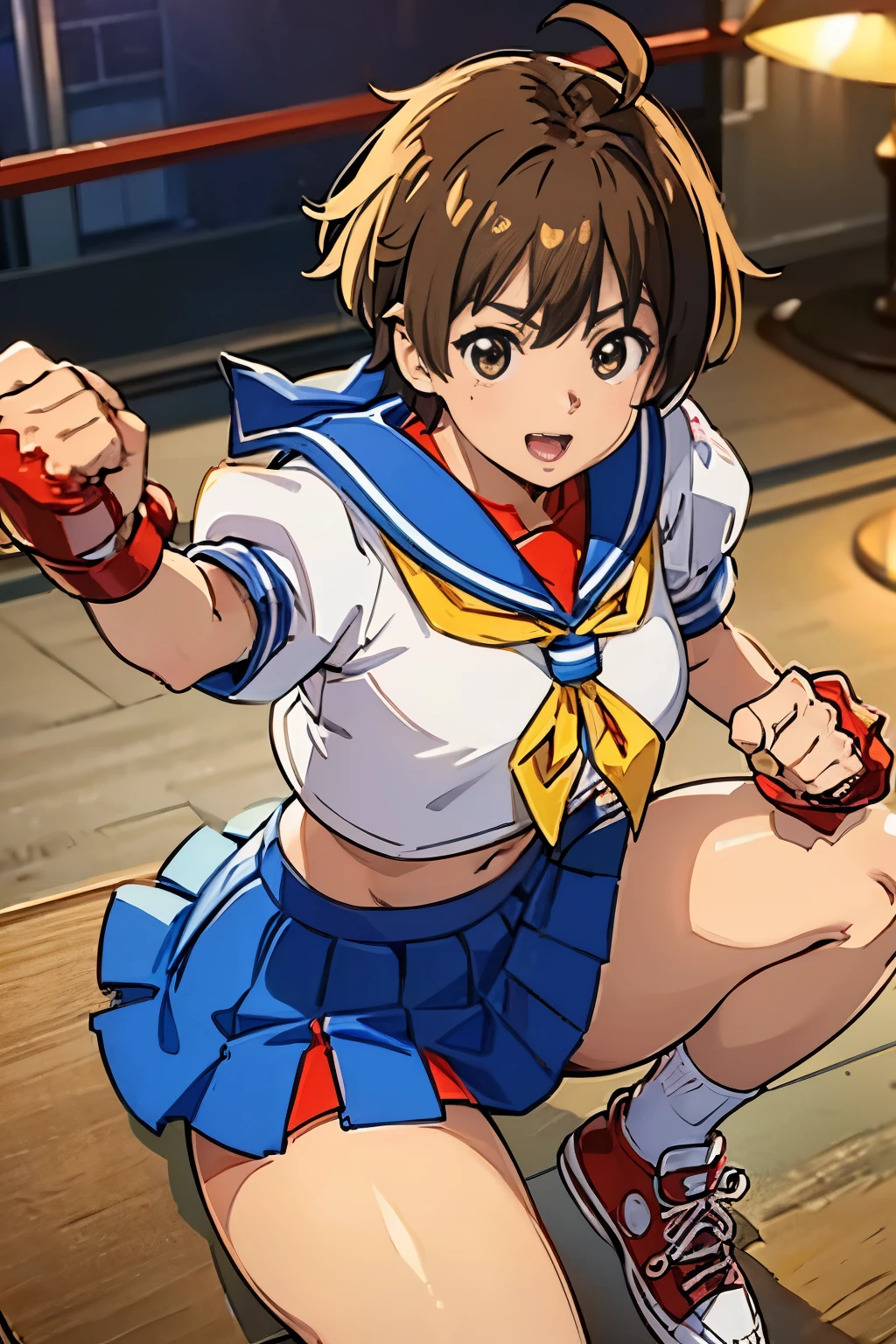 1girl solo,  kasugano sakura, brown eyes, brown hair, short hair, bangs, Ahoge, head band, , puffy sleeves, crop top, yellow neckerchief, blue skirt, fingerless gloves, thighs thighs thighs, white socks, red footwear,finding stance, punching, finding,(table top, highest qualityの, highest quality, beautiful and aesthetic: 1.2), very detailed, more detailed,Proper body proportions,table top,Super high quality output image,High resolution,intricate details,very delicate and beautiful hair,realistic pictures,dream-like,professional lighting,realistic shadow,focus only,
Anime one、（cheerful smile）、（open your mouth）
