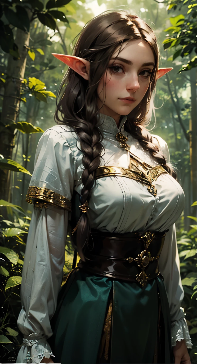 elfe femelle, longs cheveux noirs, cheveux tressés, brunette, visage rond, vêtements verts et blancs, dans une forêt, personnage fantastique