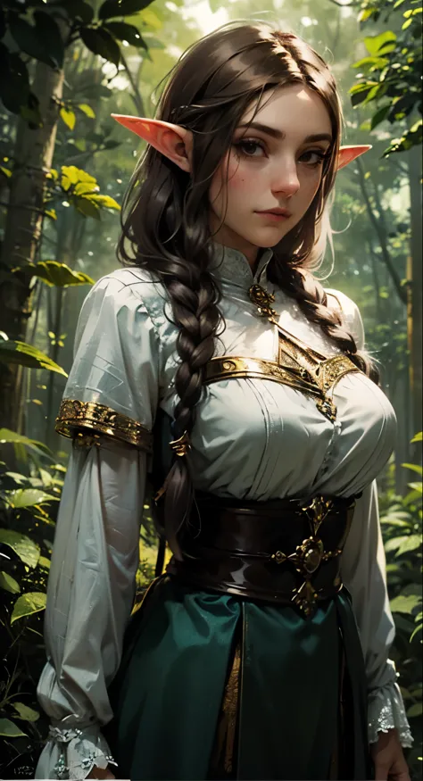 female elf, long black hair, braided hair, brunette, round face, green and white clothes, in a forest, fantasy character