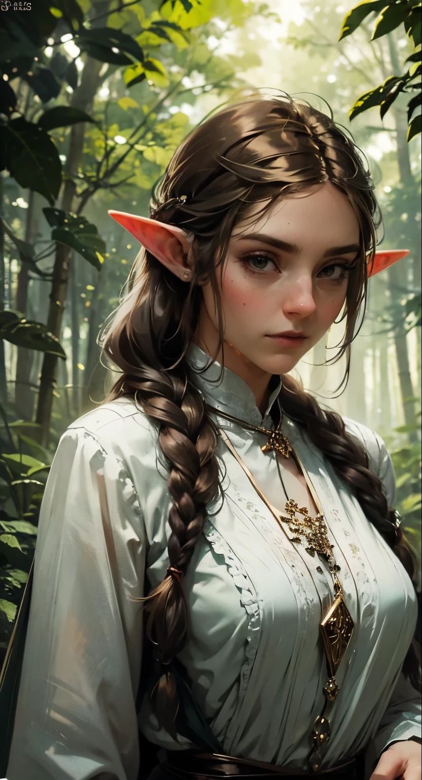 Female elf, long black hair, braided hair, brunette, round face, green and white clothes, in a forest, fantasy character