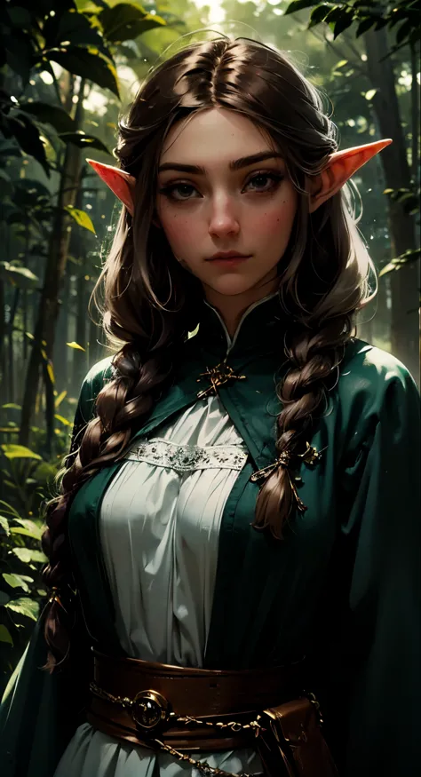 female elf, long black hair, braided hair, brunette, round face, green and white clothes, in a forest, fantasy character