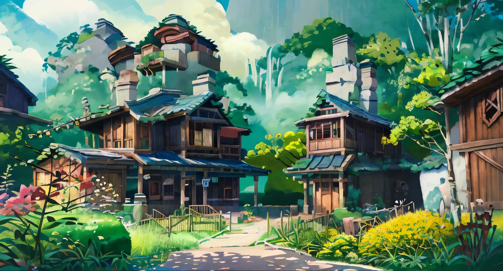 Gemälde eines Hauses mit Gründach und Garten, Studio Ghibli, glatte Konzeptkunst, Studio Ghibli-Umgebung, Studio Ghibli Konzeptkunst, ghibli studio art, Hayao Miyazaki&#39;s-Stil, Studio Ghibli-Schema, von Miyazaki, Stil von Studio Ghibli, Ghibli-Studio-Stil, Studio Ghibli & James Gurney, ghibli studio, Cinematic Studio Ghibli Still