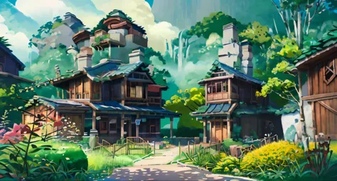 painting of a house with a green roof and garden, Studio Ghibli smooth concept art, Studio Ghibli environment, Studio Ghibli con...