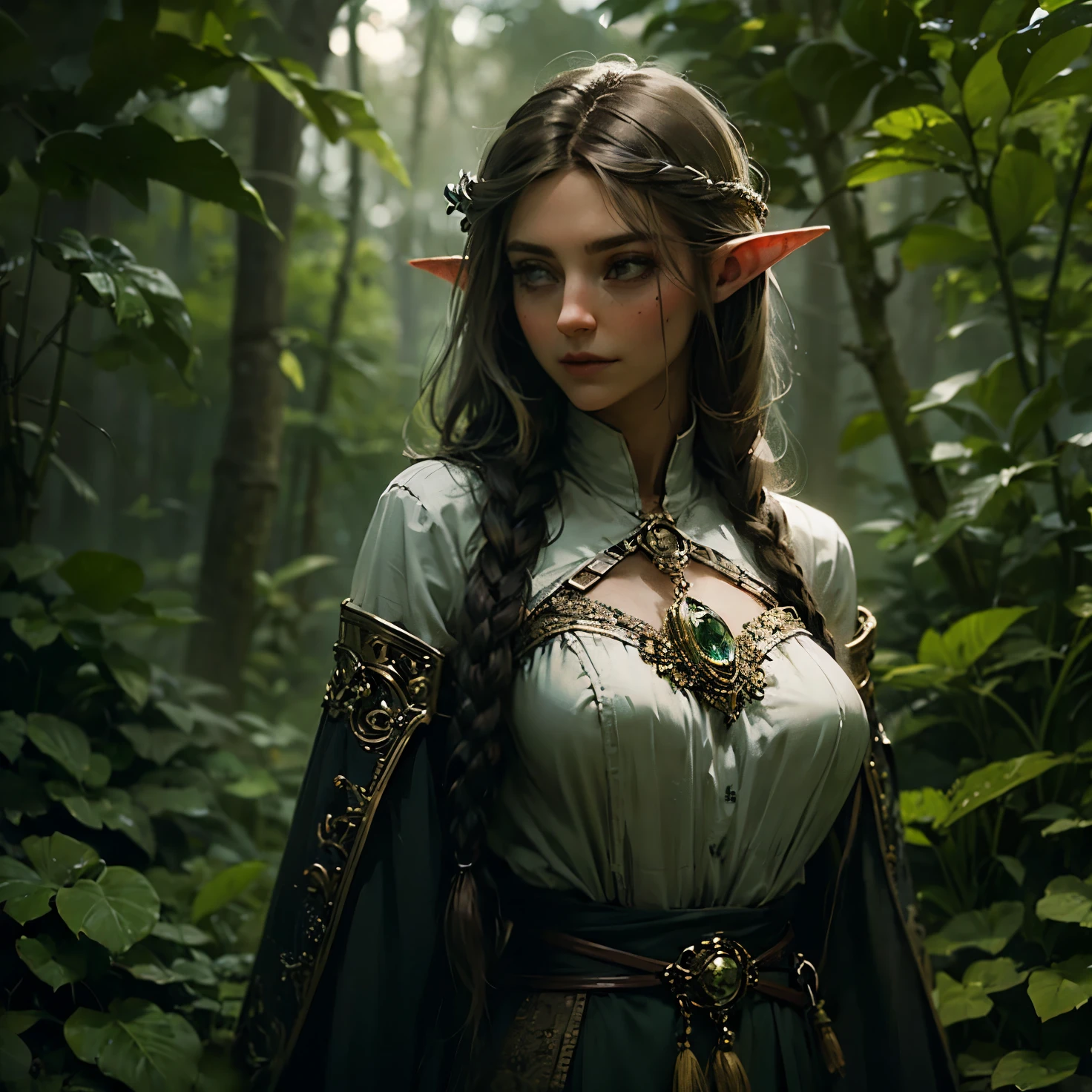 Female elf, long black hair, braided hair, brunette, round face, green and white clothes, in a forest, fantasy character