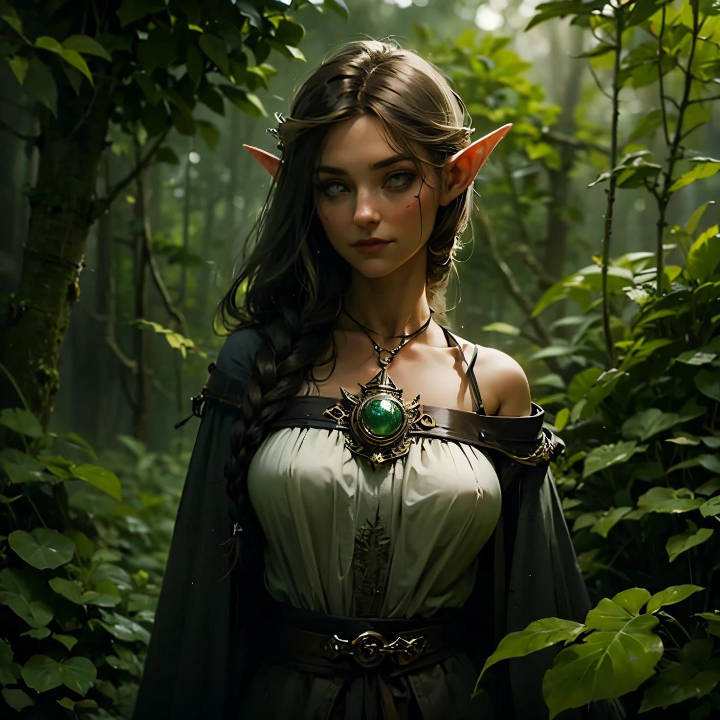 женщина-эльф, длинные черные волосы, Плетеные волосы, Брюнетка, круглое лицо, зелено-белая одежда, в лесу, фантастический персонаж