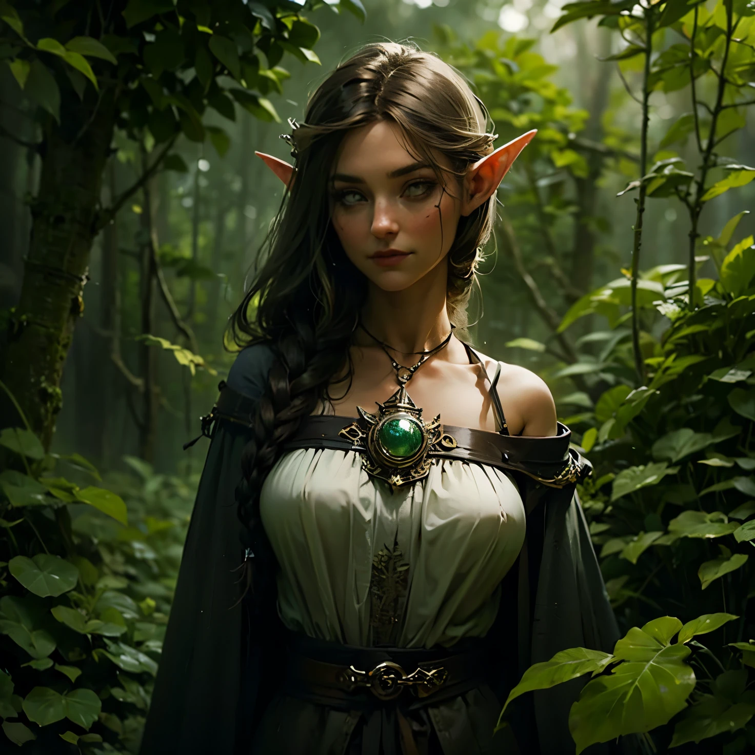 Female elf, long black hair, braided hair, brunette, round face, green and white clothes, in a forest, fantasy character