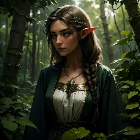 Female elf, long black hair, braided hair, brunette, round face, green and white clothes, in a forest, fantasy character