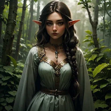 Female elf, long black hair, braided hair, brunette, round face, green and white clothes, in a forest, fantasy character