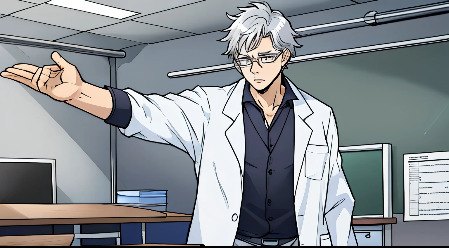 Silver haired teacher wearing lab coat and medical glasses, he looks scared