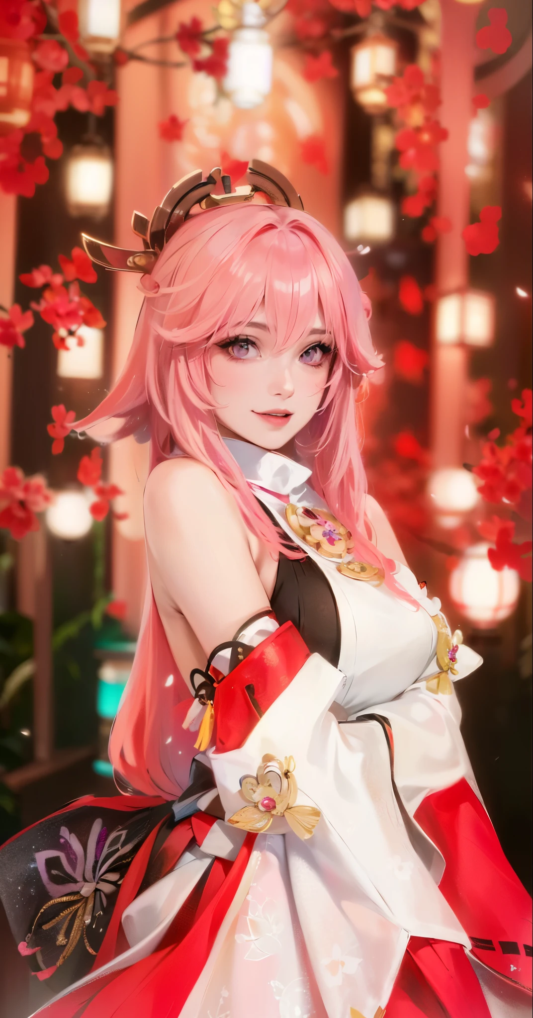 face lighting,bright backlight,super high resolution,best quality,Photos,4k,(Realistic:1.2),huli,1girl,(hair_ornament:1.2),(fake animal ears:0.7),pink hair,long long hair,smile,upper_body,purple eyes,japanese clothes,wide sleeves,