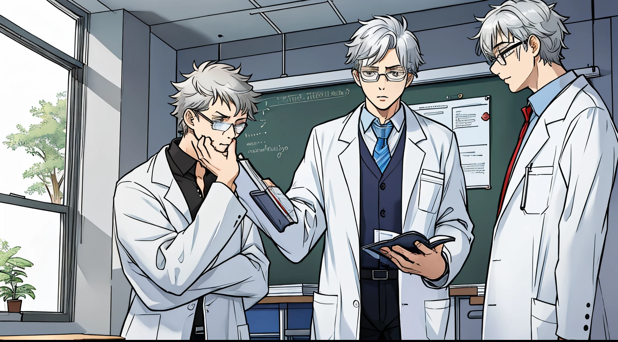Silver haired teacher wearing lab coat and medical glasses, he looks scared