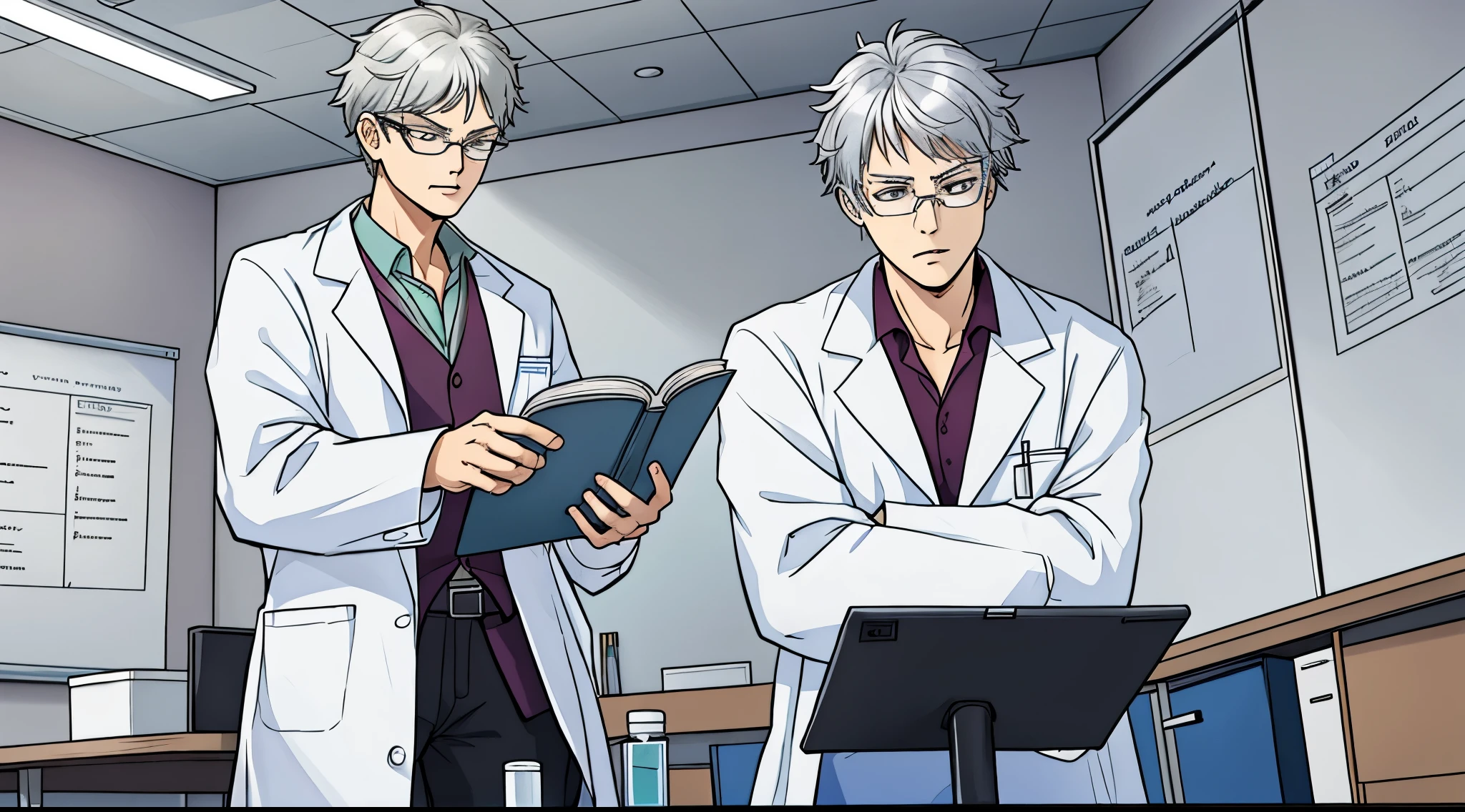 Silver haired teacher wearing lab coat and medical glasses, he looks scared