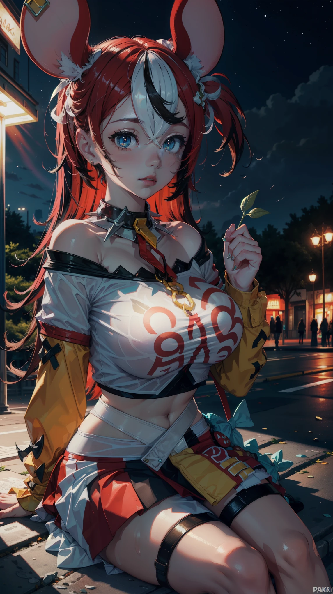 Masterpiece, high quality, 8k, ultra detail, 1 girl, huge breast, ((sitting, park)), (night), outdoors, (dynamic poses), ((hakosdef))