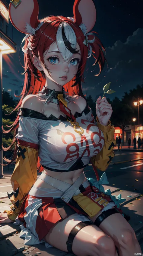 Masterpiece, high quality, 8k, ultra detail, 1 girl, huge breast, ((sitting, park)), (night), outdoors, (dynamic poses), ((hakos...