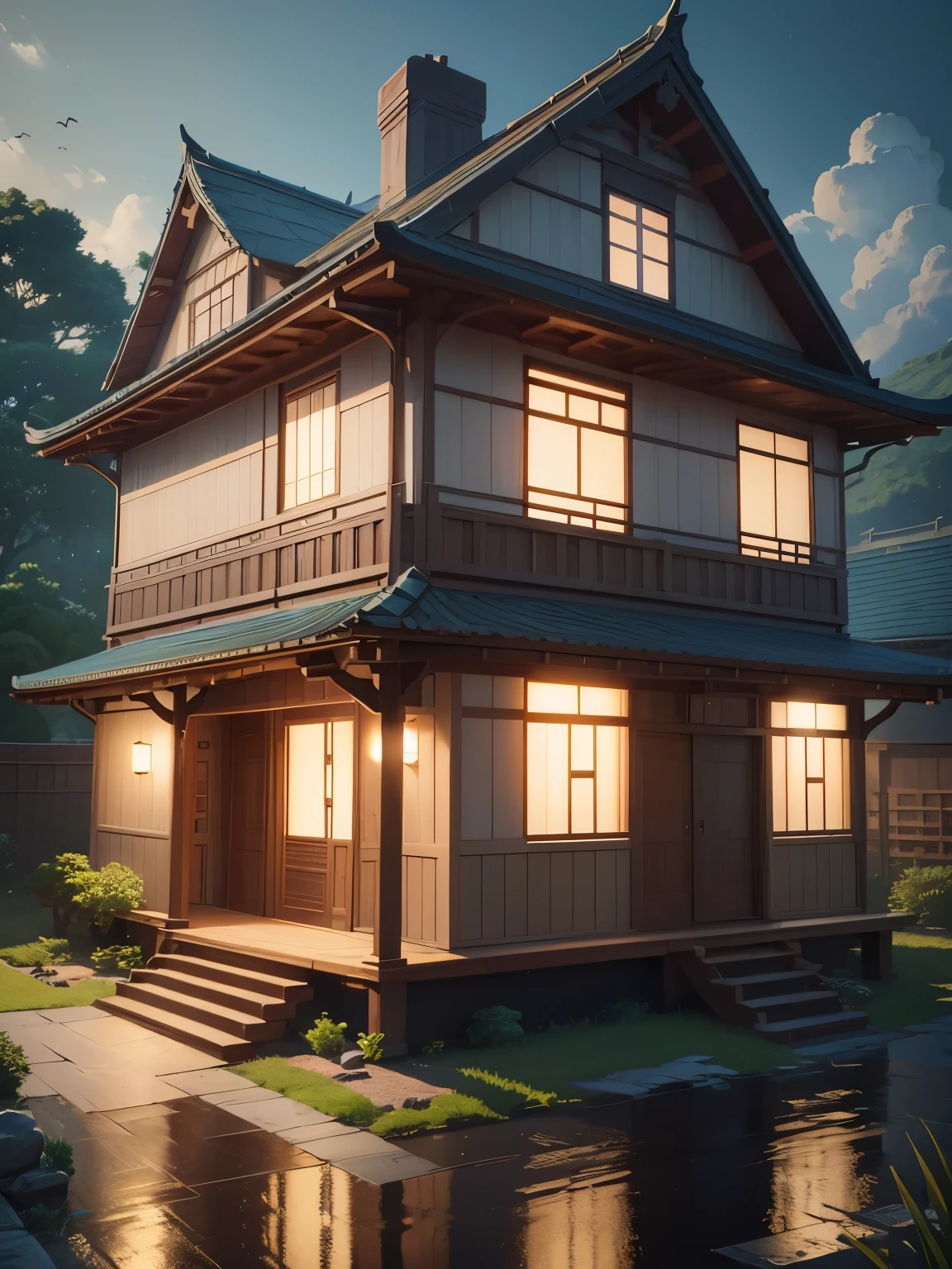 ((masterpiece、very detailed、CG Unity 8k、best quality、very detailed：1.2))、(Top quality: 1.2)、 The exterior of the house、asian style house、(best illustrations)、 (beautiful lighting)、Isometric 3D、octane rendering、ray tracing、Super detailed、Cartoon、Cartoon design style、Beautifully detailed digital art, sweet earth style building、movie、Super detailedなレンダリング、fantastic world buildings 、 2D game isometric camera view