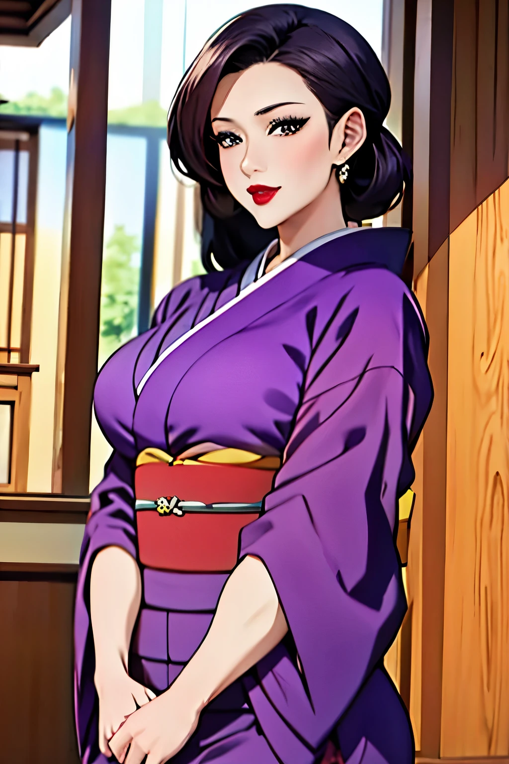 (masterpiece, best quality:1.2),SumieV1,kimono,red lips,purple kimono,4k,