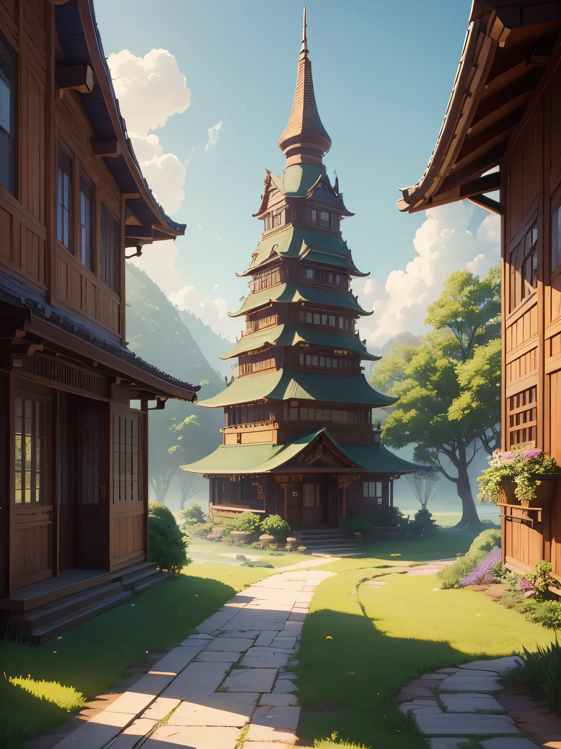 ((masterpiece、very detailed、CG Unity 8k、best quality、very detailed：1.2))、(Top quality: 1.2)、Exterior of the building、asian style building、(best illustrations)、 (best shadow)、Isometric 3D、octane rendering、ray tracing、Super detailed、fantasy world、A building that looks like something out of a fairy tale、fairy tale、Cartoon、Gorgeous、Cartoon design style、Beautifully detailed digital art, In a Sweet Earth Style House、 Super detailedなレンダリング、fantastic world housing 、 2D game isometric camera view、tree behind々and the path、beautiful sky