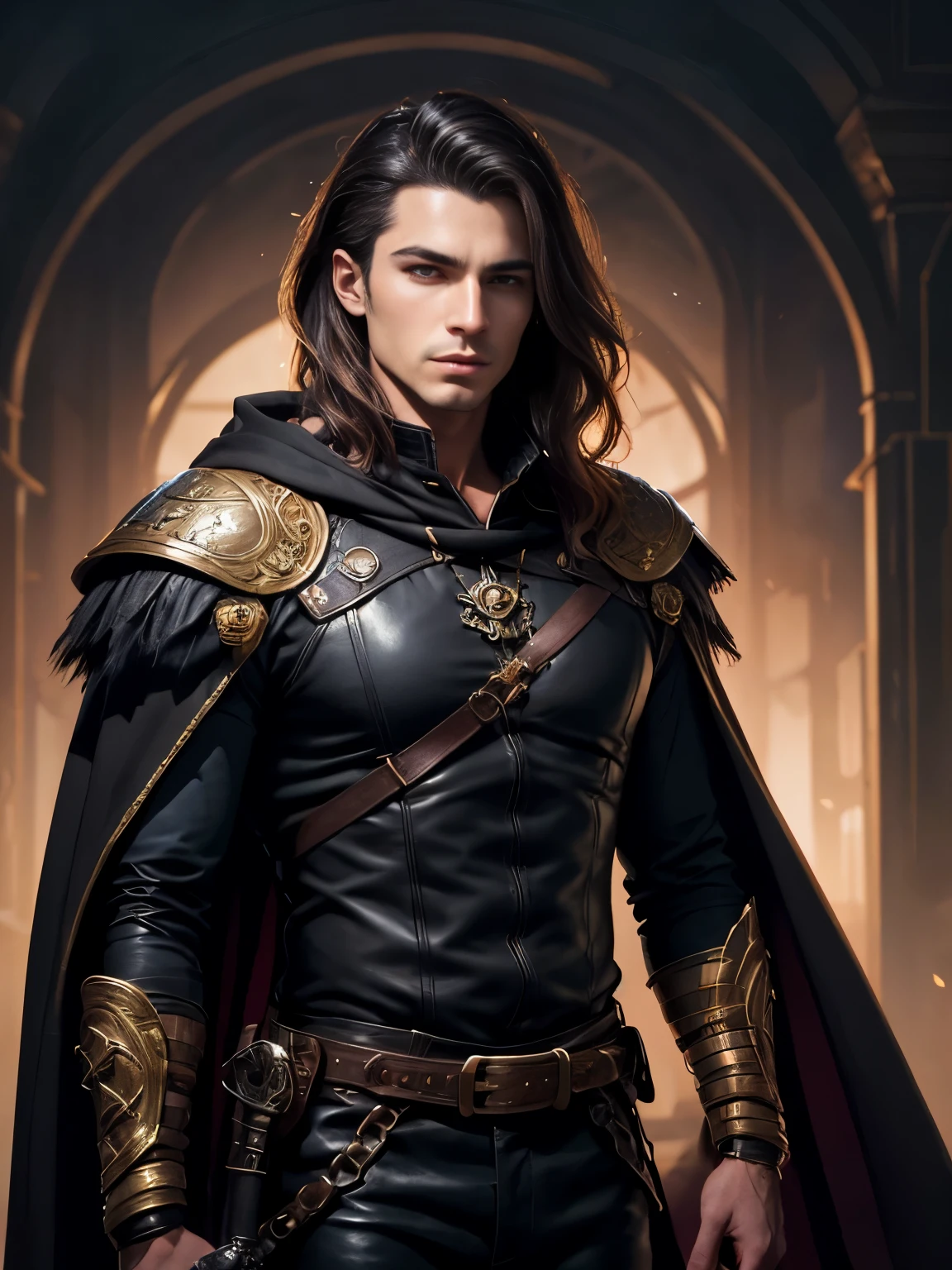 Araffed man in a black cloak and leather pants with a sword in his hands, Художник-график Magali Villeneuve, male vampire, male vampire of clan banu haqim, dark fantasy style art, handsome male vampire, Magali Villeneuve, Author: Magali Villeneuve, fantasy male portrait, inspired Author: Magali Villeneuve, picture of an adult male warrior