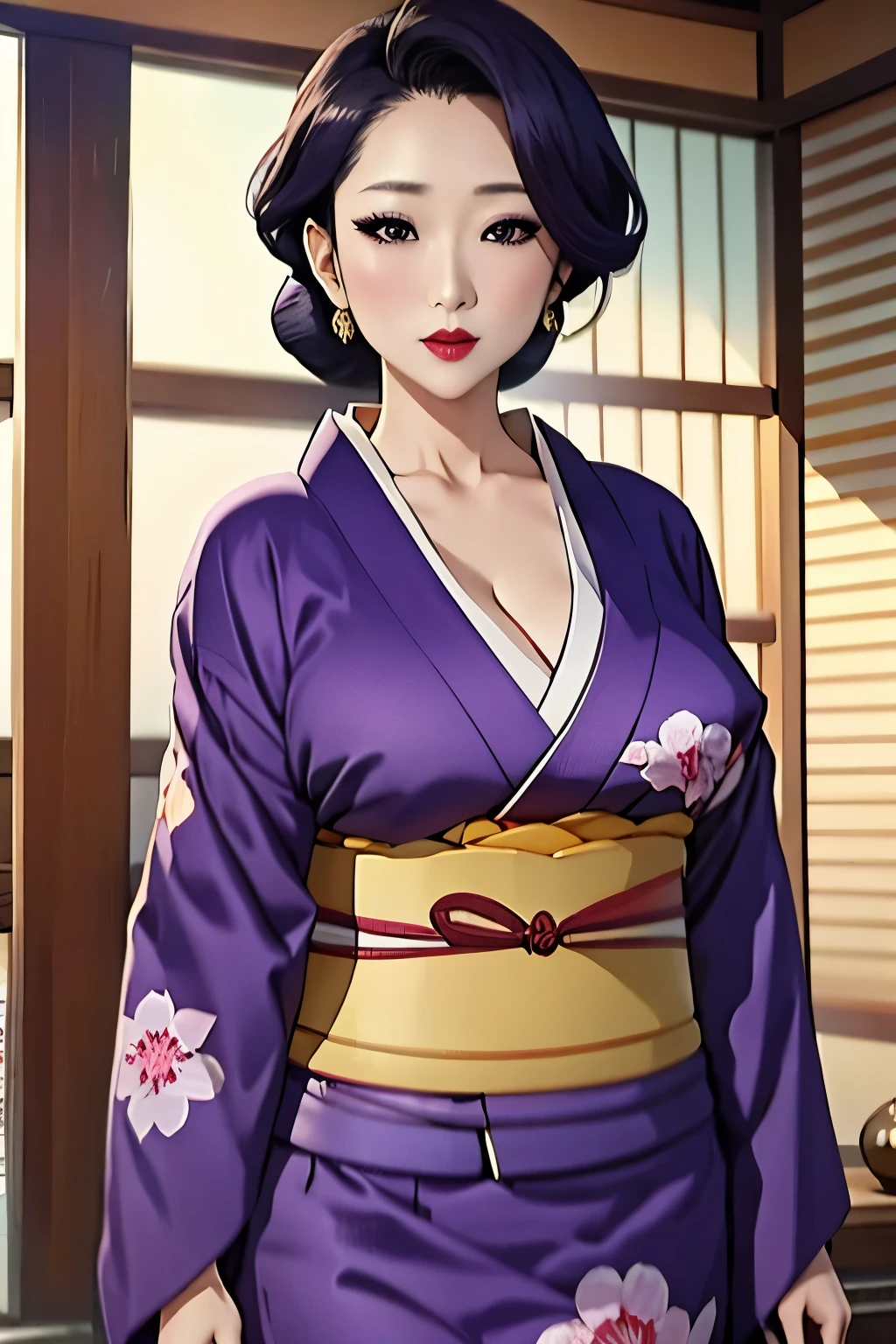 (masterpiece, best quality:1.2),Sumie Takayanagi,kimono,red lips,purple kimono,4k,