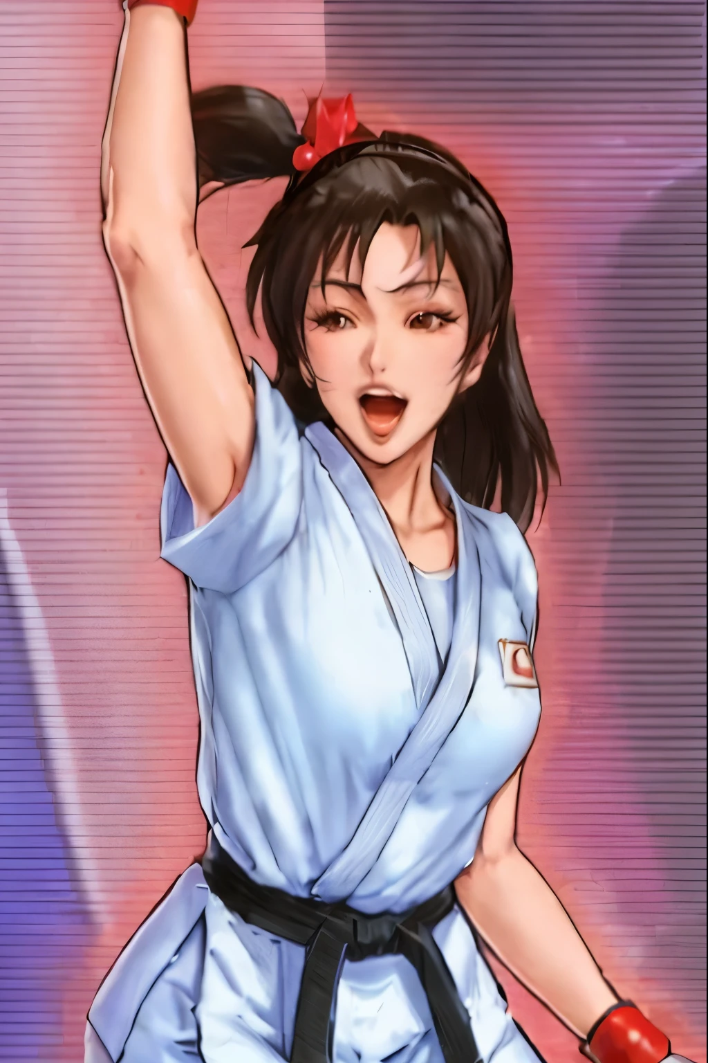 A close up of a woman in a blue karate outfit - SeaArt AI