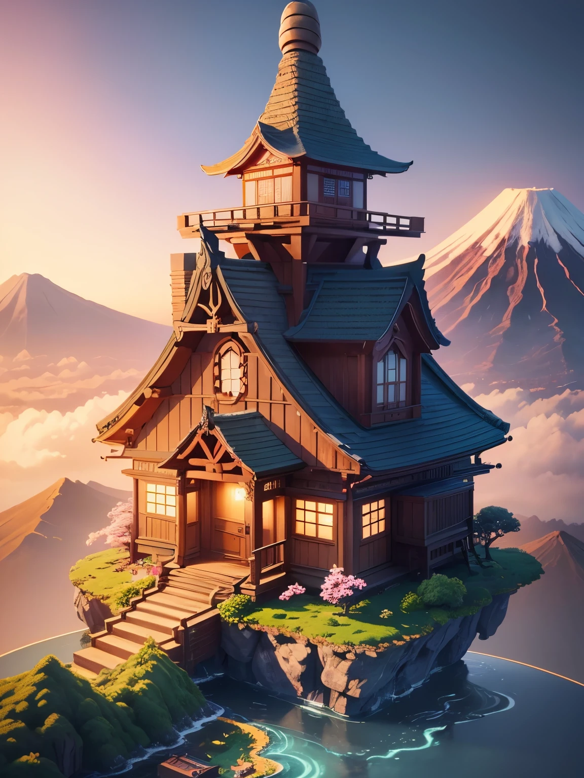 ((masterpiece、very detailed、CG Unity 8k、best quality、very detailed：1.2))、(Top quality: 1.2)、Exterior of the building、Japan style building、(best illustrations)、 (best shadow)、Isometric 3D、octane rendering、ray tracing、Super detailed、fantasy world、A building that looks like something out of a fairy tale、fairy tale、Cartoon、Gorgeous、Cartoon design style、Beautifully detailed digital art, In a Sweet Earth Style House、 Super detailedなレンダリング、fantastic world housing 、 2D game isometric camera view、Mt. Fuji in the background、beautiful sky、cherry blossoms