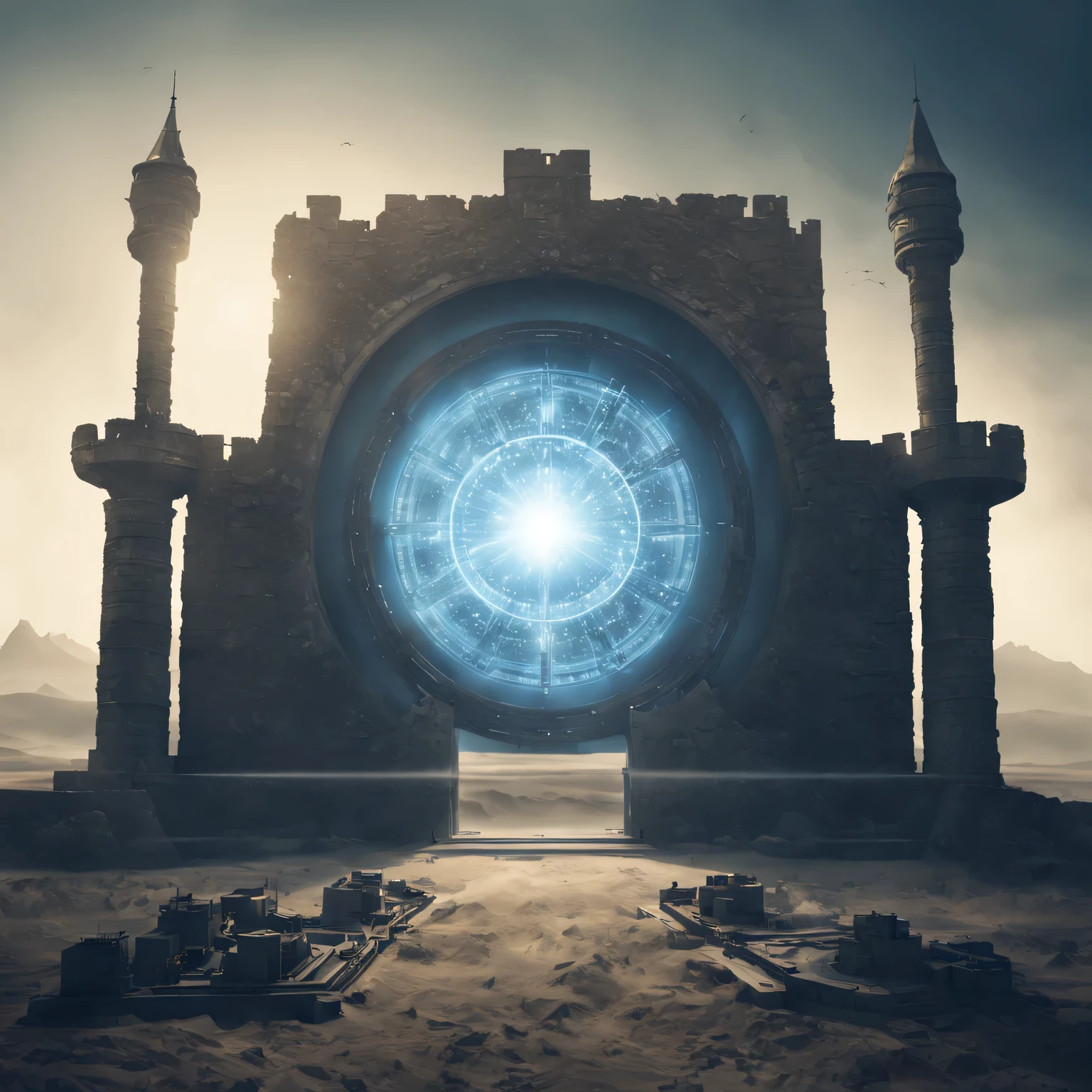 Realistic double exposure photography., we combine the silhouette of an ancient medieval fortress in a sandy haze and a high-tech portal in the form of a star gate, A high-tech portal in the form of a stargate stands in the laboratory and is connected to a high-tech device by various cables and tubes, There is blue pulsating energy inside the high-tech portal in the form of a stargate, in which the silhouette of an ancient medieval fortress in a sandy haze with its details is visible, smoothly fits inside the stargate, Sharp Focus, great depth of field, hyperrealistic, extremely detailed, ray tracing, Cinematic, HDR, photorealistic (double exposure: 1.3)