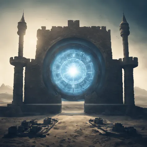 Realistic double exposure photography., we combine the silhouette of an ancient medieval fortress in a sandy haze and a high-tech portal in the form of a star gate, A high-tech portal in the form of a stargate stands in the laboratory and is connected to a...