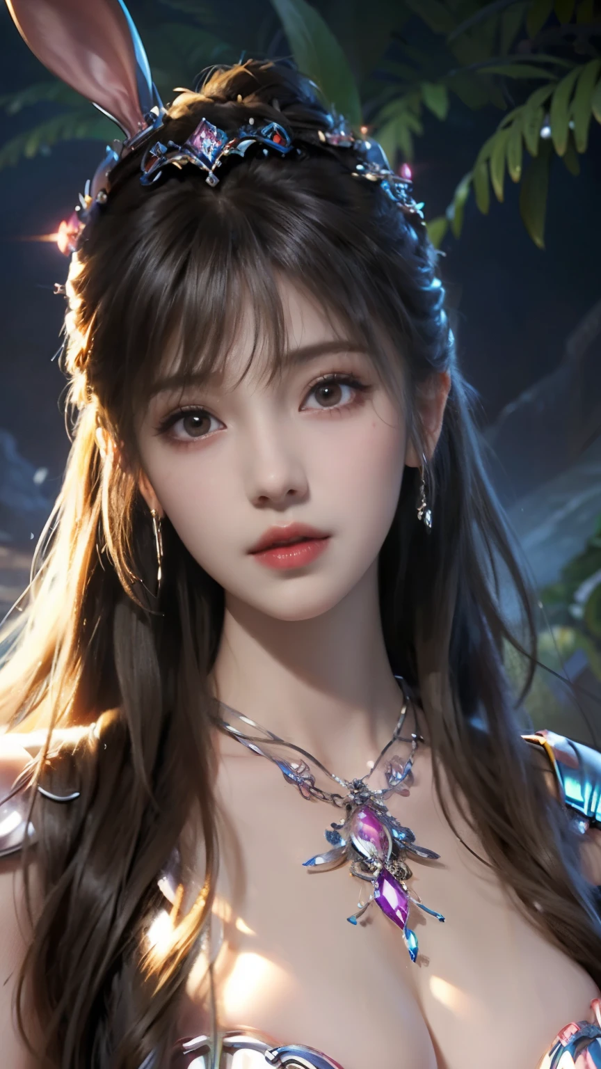 Close-up of a woman with rabbit ears and a sword, Queen of the Sea Mu Yanling, Zodiac Girl Knight Portrait, Lineage 2 style, Smooth anime CG art, Game CG, beautiful fantasy queen, Complex and gorgeous anime CGI style, drank, Close up view of goddess, anime goddess, dead, Realistic anime girl rendering，huge breasts，Larger breasts，Hollow clothes，transparent clotheore transparency，amazing breast size，Raised nipples，bareness of breasts，Extensive nudity，More nudity，Expose more breasts，bareness，BIG ASS