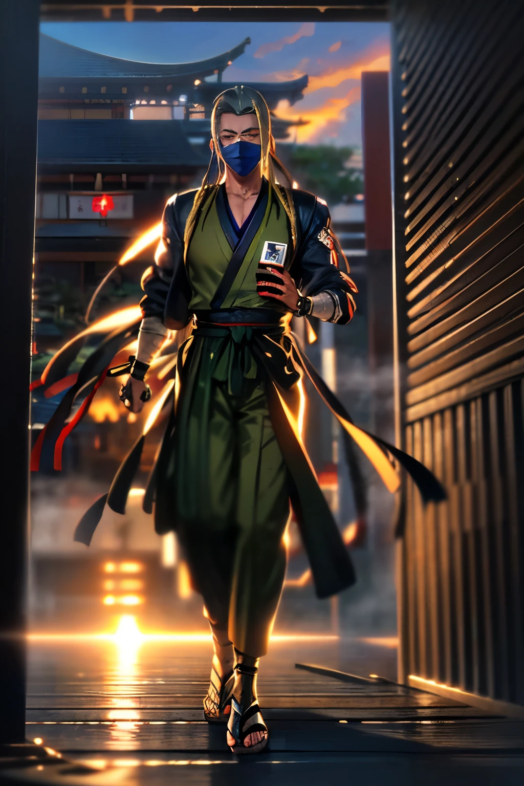 (handsome dark-skinned tall male Haitian Shinobi with long freeform locs) wearing ("tactical chunin vest" with kunai and shuriken attached)! and flowing colorful hakama, wearing "Hidden in the Mist tengu mask"!, wearing tall dark-wood geta, peacefully walking through dense cannabis sativa shrub garden background during golden hour