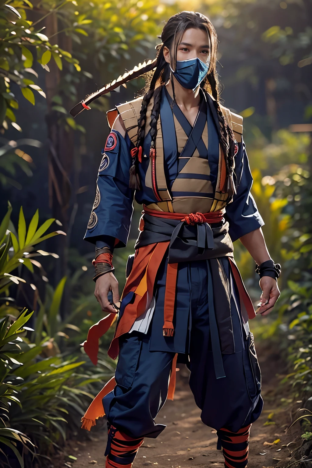 (handsome tanned tall male Haitian Shinobi with long freeform braided hair) wearing ("tactical chunin vest" with kunai and shuriken attached)! and flowing colorful hakama, wearing "Hidden in the Mist tengu mask"!, wearing tall dark-wood geta, blissfully walking through dense cannabis sativa garden background during golden hour