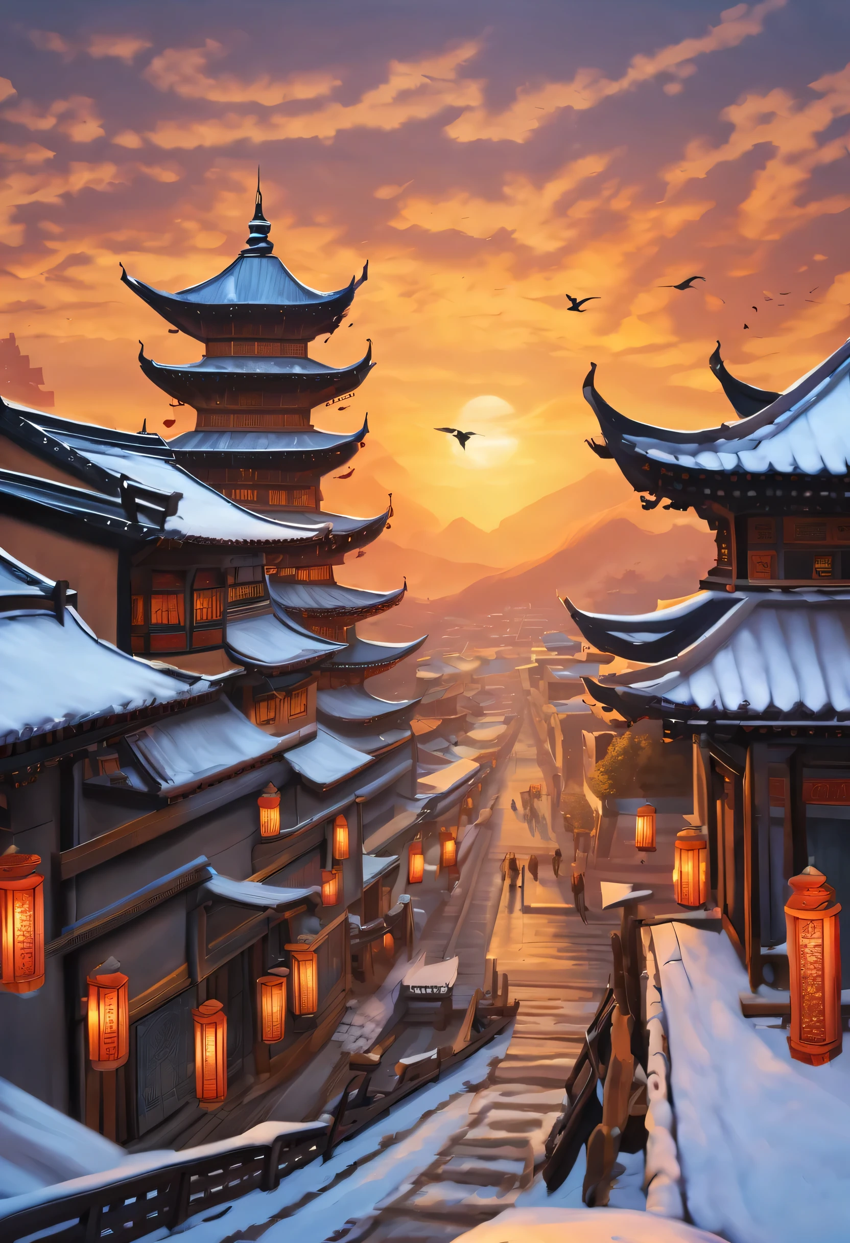 winter，mysterious oriental country，ancient city under sunset，majestic，architecture，Beautiful ancient city scenery