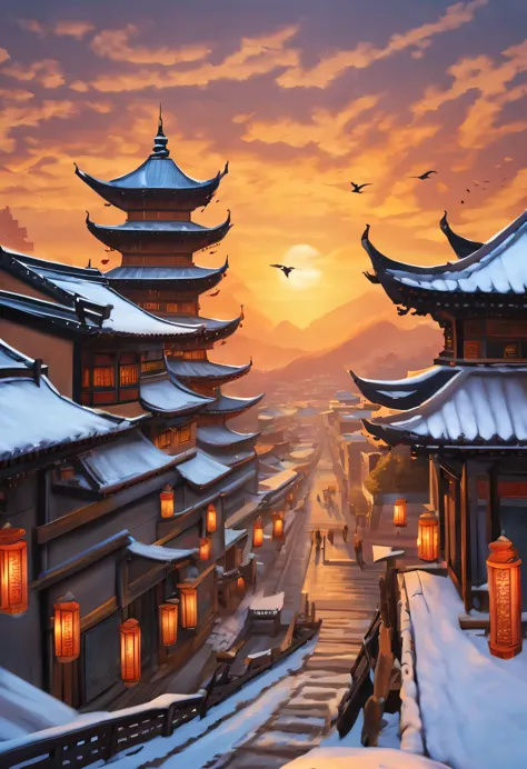 winter，mysterious oriental country，ancient city under sunset，majestic，architecture，beautiful ancient city scenery