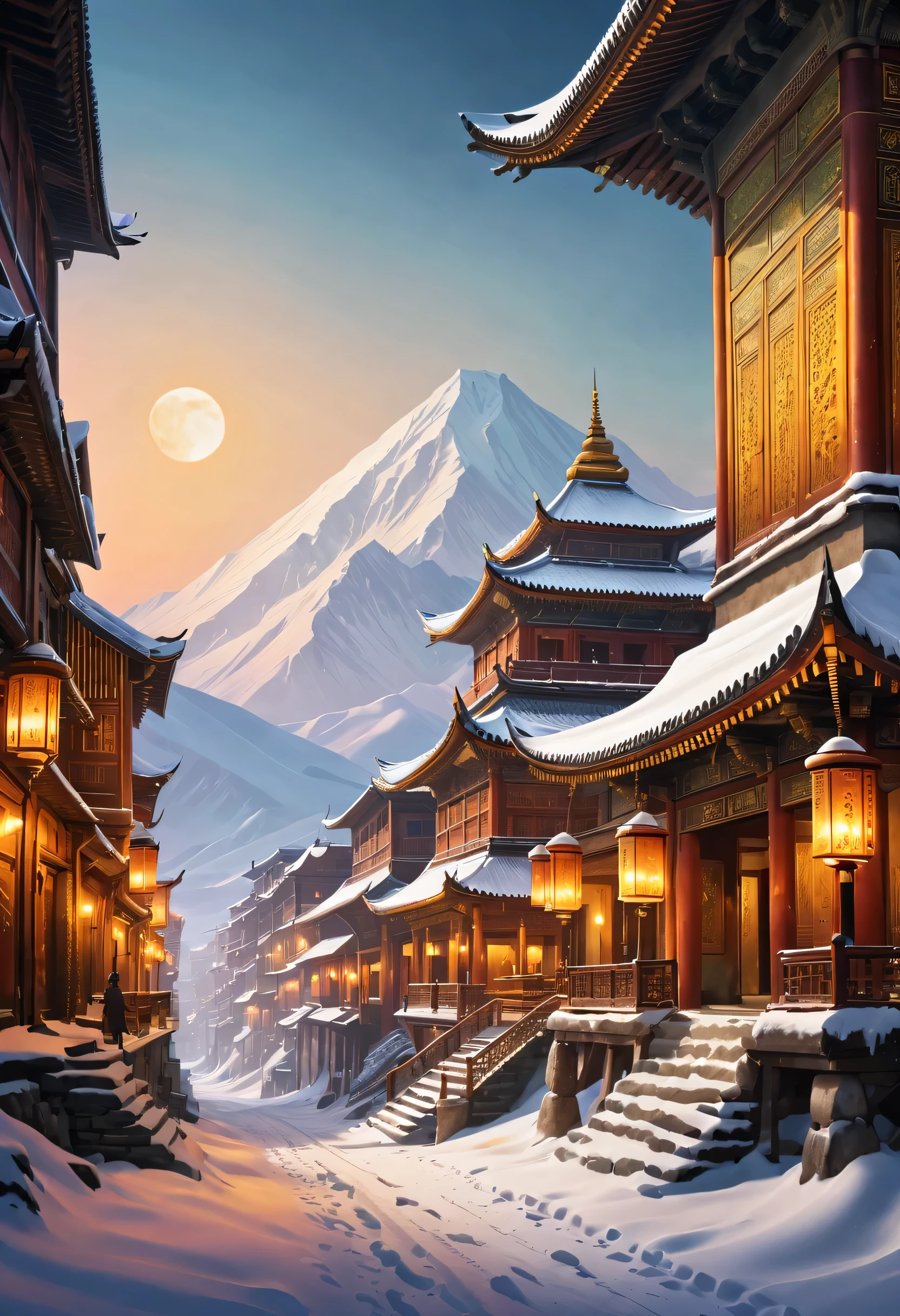 Beautiful winter scene of a majestic ancient city in a mysterious eastern country. The city is located in the vast frontier wilderness. and as the sun sets, The golden light casts a charming glow on the city&#39;s tall buildings. The scene is full of exotic customs, Show the unique charm of oriental culture. Cityscape decorated with intricate architectural details, Showing the glory of ancient civilization. The surrounding nature is covered with a layer of pristine white snow, adding to the enchanting atmosphere. Image quality to the highest standard, Make sure every detail is sharp and clear. Bright colors, Capturing the rich tones of oriental landscapes. Lighting plays a vital role, Casts beautiful shadows and highlights in cityscapes, Give it a sense of depth and reality.