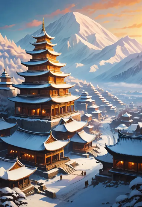 beautiful winter scene of a majestic ancient city in a mysterious eastern country. the city is located in the vast frontier wild...