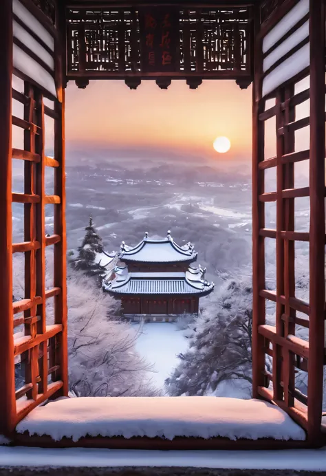 winter，mysterious oriental country，chinese style castle，sunset下的古城，ancient city，majestic，architecture，warm light，rime，beautiful ...