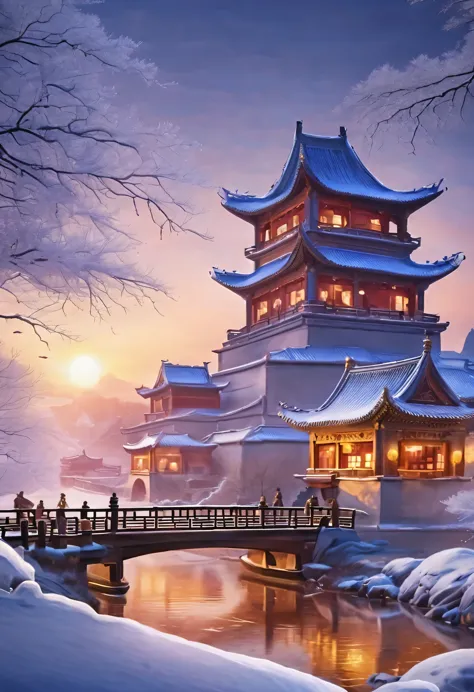 winter，mysterious oriental country，Chinese style castle，Sunset下的古城，ancient city，majestic，architecture，warm light，Rime，Beautiful ...