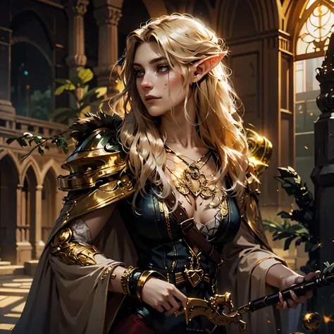 female elf, golden blonde hair, long hair with accessories, gold eyes, in an ancient city of golden sand, fantasy character