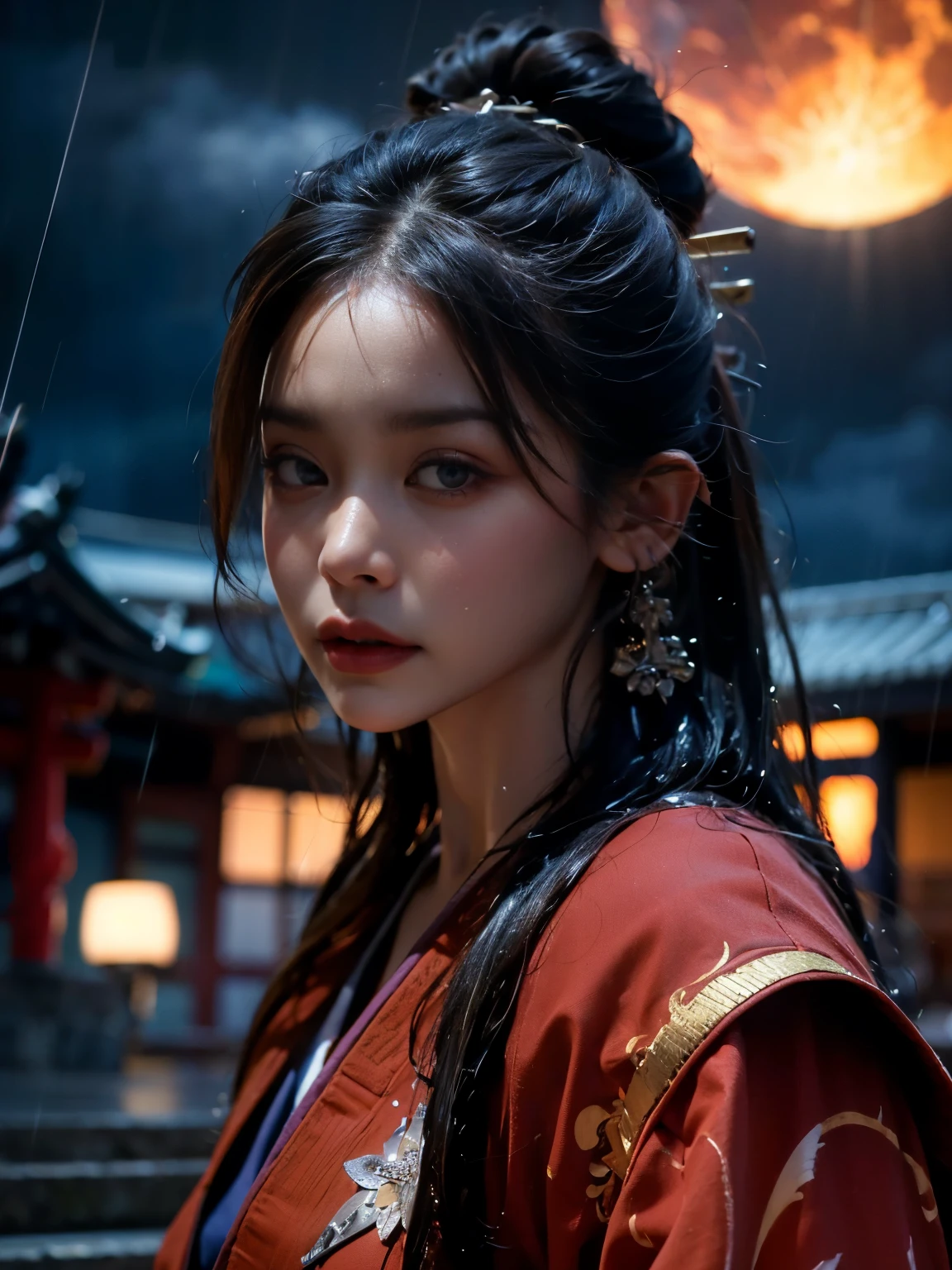 [object Object], (Detailed face features:1.3),1woman,delicate face,bright eyes,beautiful face,((japanese princess)),in the palace,japanese architecture,flames of war raging everywhere,((fighting stance:1.2)),((blunt bangs)),outdoor,((wet clothes)),wet skin,((stormy rain:1.3)),cloudy sky,((Japanese Warring States  samurai clothing:1.3)),red color sky,((full-moon:1.2)),at night,fierce wind,dynamic shot,black hair,long hair, ,Phoenix patterned clothing,
(RAW photo, 16k, masterpiece, best quality: 1.2), (ultra realism, hyper detailed and intricate realism: 1.3), (wide depth of field, radiant mapping, ray tracing, god rays: 1.2), High dynamic range, vivid, rich details, clear shadows and highlights, realistic, intense, enhanced contrast,(((samurai sword in hand))),HDR,natural lighting,chignon,strong gaze