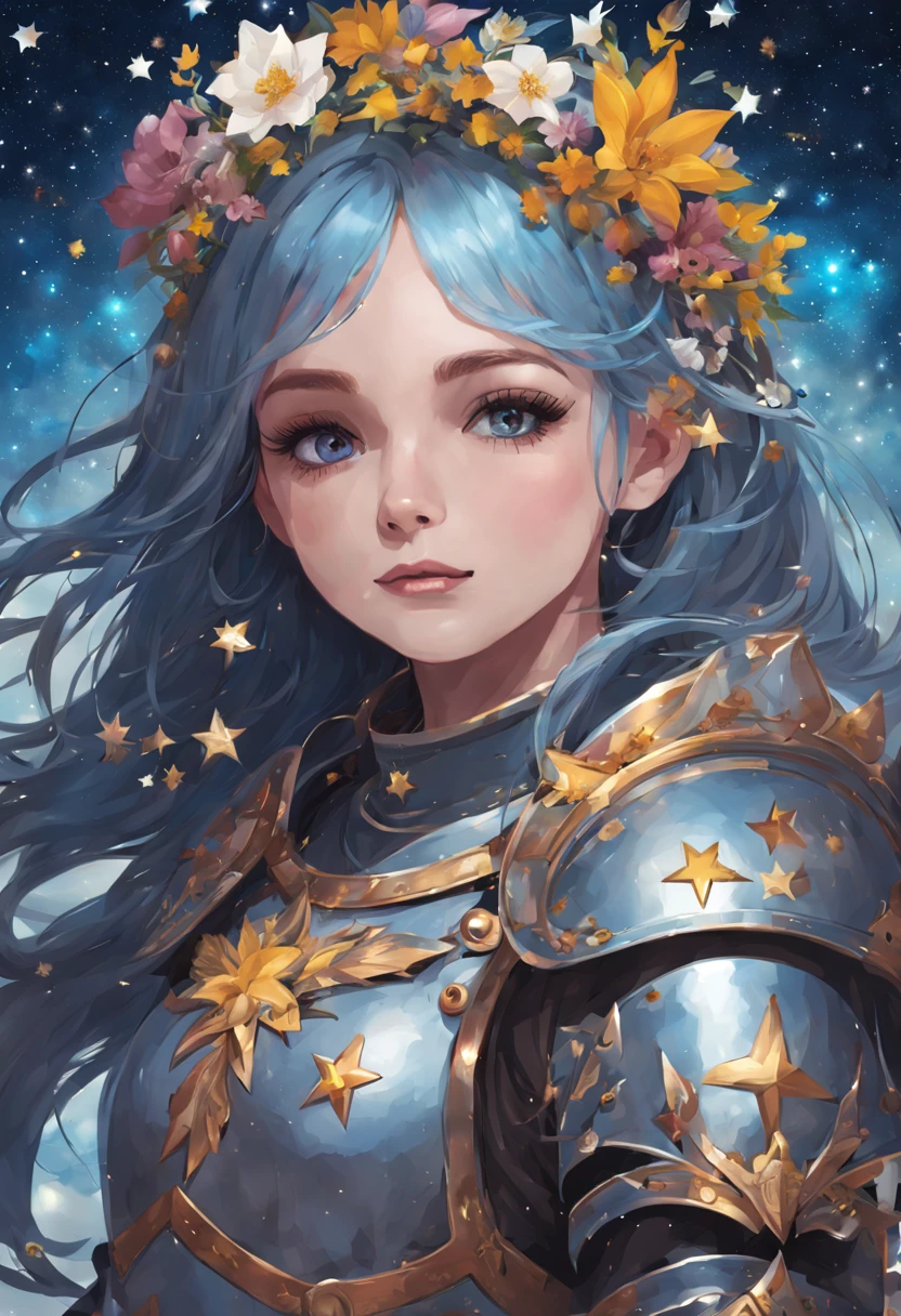 Sky stars flowers planets girl in armor wreath of stars on her head