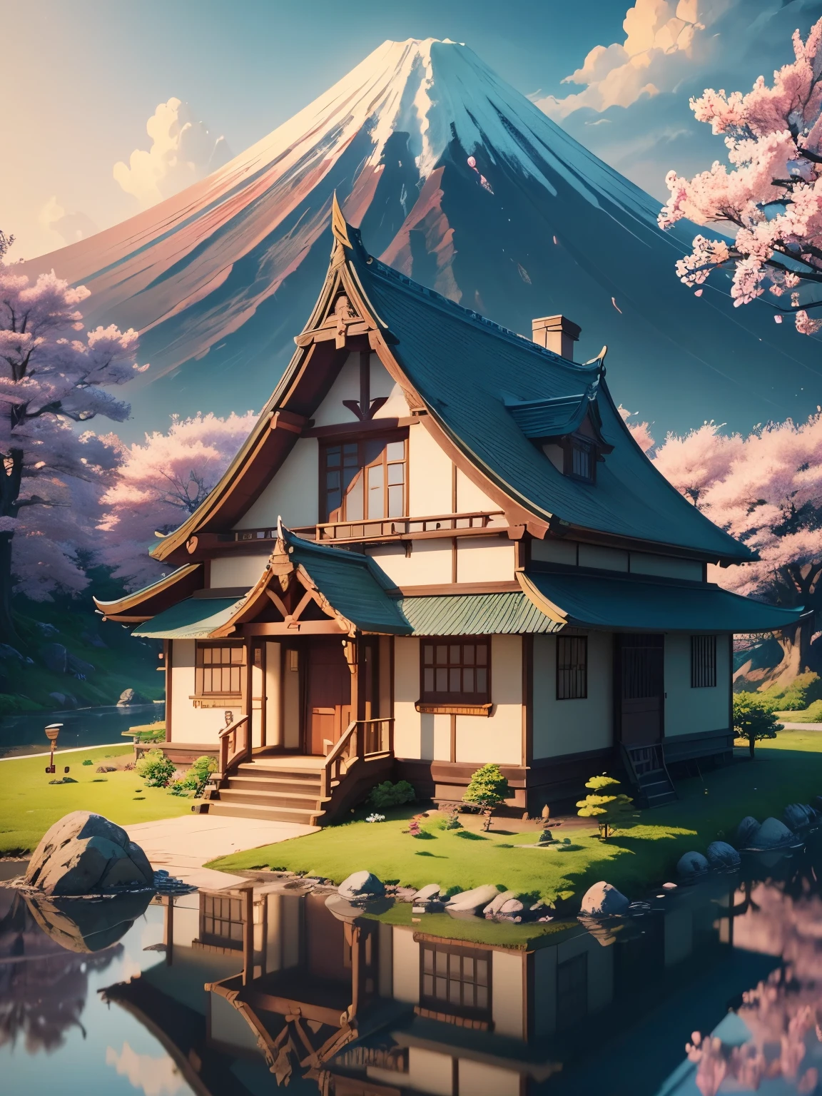 ((masterpiece、very detailed、CG Unity 8k、best quality、very detailed：1.2))、(Top quality: 1.2)、Exterior of the building、Japan style building、one-story house、(best illustrations)、 (best shadow)、Isometric 3D、octane rendering、ray tracing、Super detailed、fantasy world、A building that looks like something out of a fairy tale、fairy tale、Cartoon、Gorgeous、Cartoon design style、Beautifully detailed digital art, In a Sweet Earth Style House、 Super detailedなレンダリング、fantastic world housing 、 2D game isometric camera view、Mt. Fuji in the background、beautiful sky、cherry blossoms