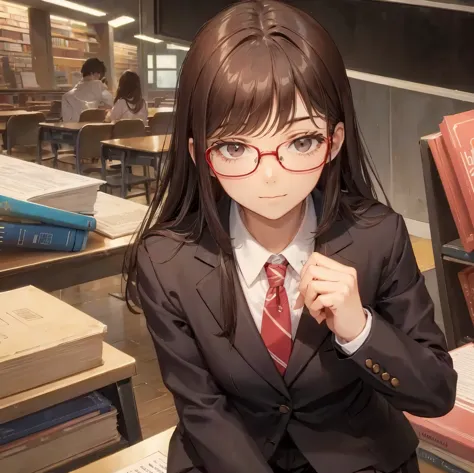 high school girl　blazer　library　Brown glasses　squat　look up　medium length hair　light smile