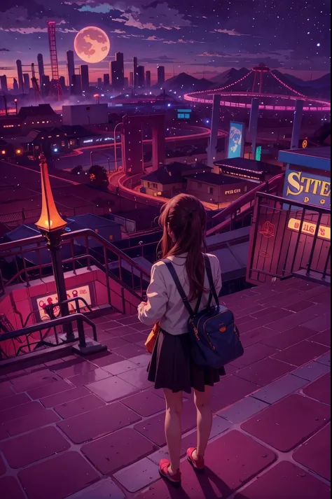1 girl, (sketch:1.2),  anime key visual,  Otherworldly brutal amusement park and megalopolis landscape, clear sky, horror, f/8, Velvia