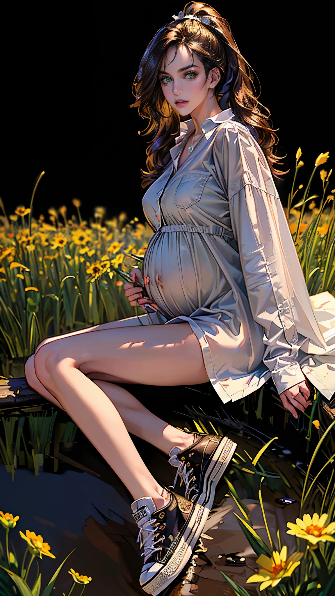 ((masterpiece, best quality, highres, ultra-detailed),(beautiful and aesthetic:1.2), 1woman, adult, perfect body, wavy dark hair, green eyes, high short ponytail, handsome, detailed eyes and face, oversized long shirt, converse sneakers, golden hour, field of flowers, intricate details, pregnancy 